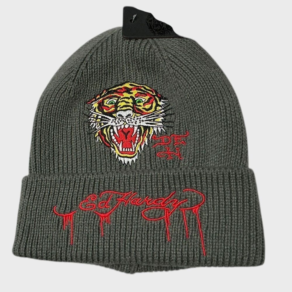 Ed Hardy Tiger Embroidered Beanie Youth OS Gray Knit Hat NWT